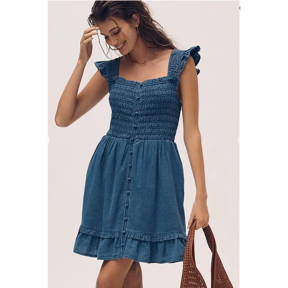Anthropologie Peregrine Mini Dress Blue Smocked Ruffle Cotton Small NWT